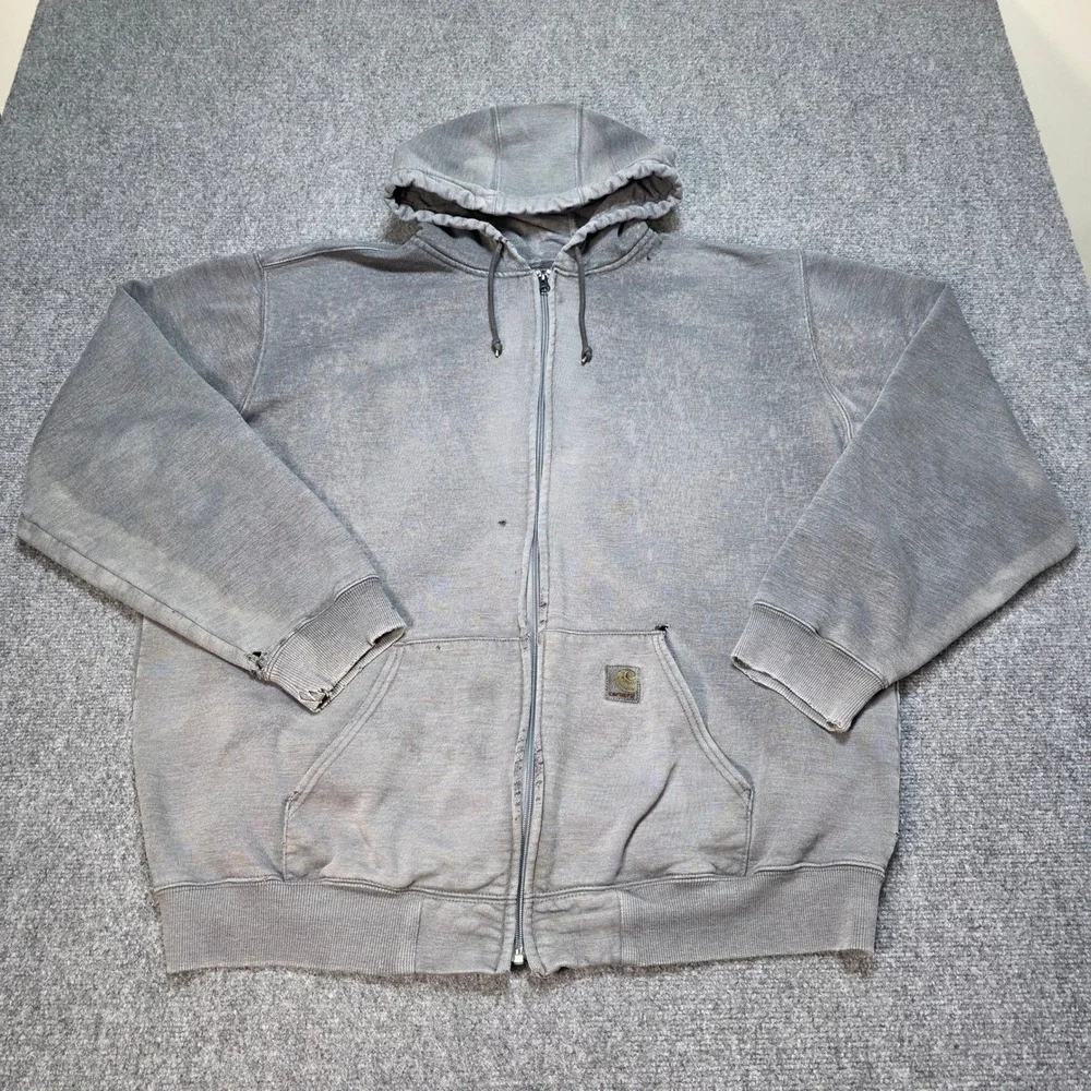 Vintage Carhartt Zip Up Hoodie Grey XL Tall‎ Distressed Sun Faded Workwear Mens